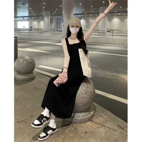 纯欲风针织吊带连衣裙女夏黑色打底裙子高级感修身a字包臀裙长裙 - 图片 4