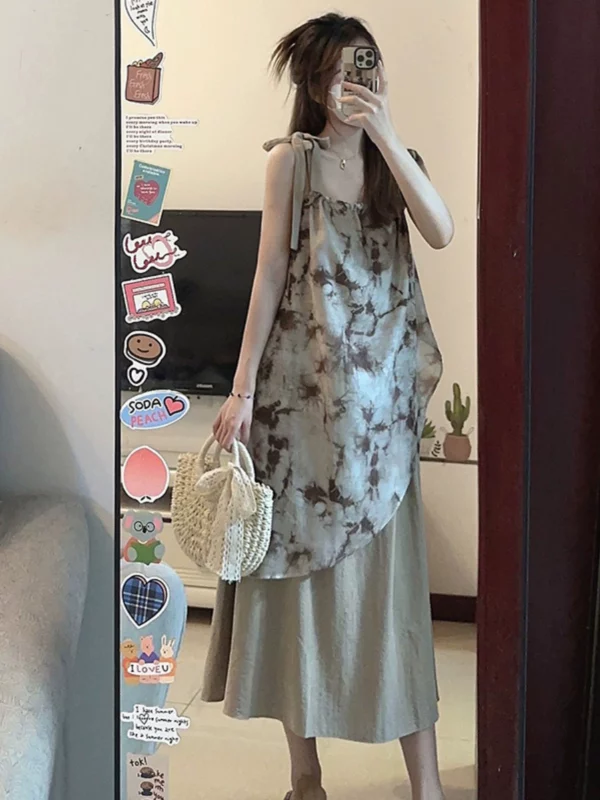 新中式扎染艺术印花吊带连衣裙女夏季新款不规则拼接氛围感中长裙 - 图片 2