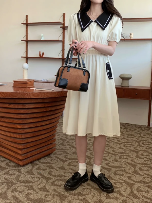 三木子自制 中长款黑色法式连衣裙女装夏季小个子泡泡袖小众裙子 - 图片 4
