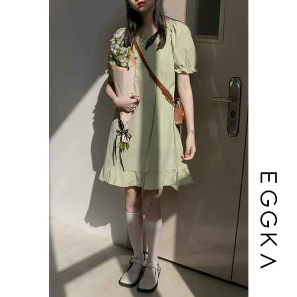 EGGKA泡泡袖连衣裙女小个子2021夏季新款宽松显瘦短裙设计感裙子 - 图片 4