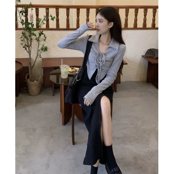 法式气质假两件长袖连衣裙女春季性感纯欲修身收腰包臀开叉长裙子 - 图片 4