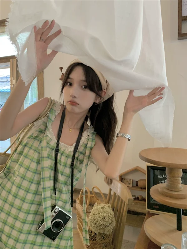 PPHOME翠果茵茵~夏日青绿甜格可调节格纹背带裙潮连衣裙两件套女 - 图片 5