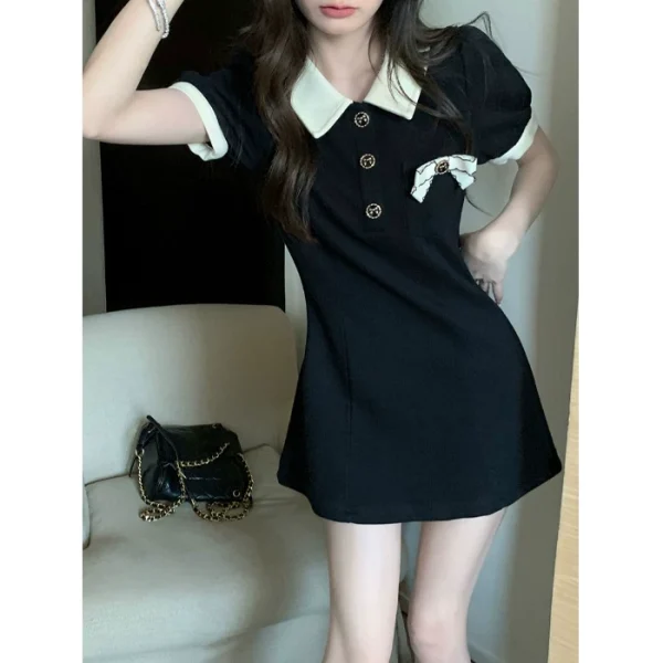 PPHOME黑甜女主~撞色Polo领连衣裙蝴蝶结收腰显瘦泡泡短袖T恤短裙 - 图片 4