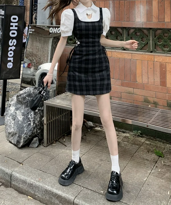 复古格子连衣裙女夏季学院风小个子背带裙收腰甜辣妹短裙别致裙子 - 图片 2