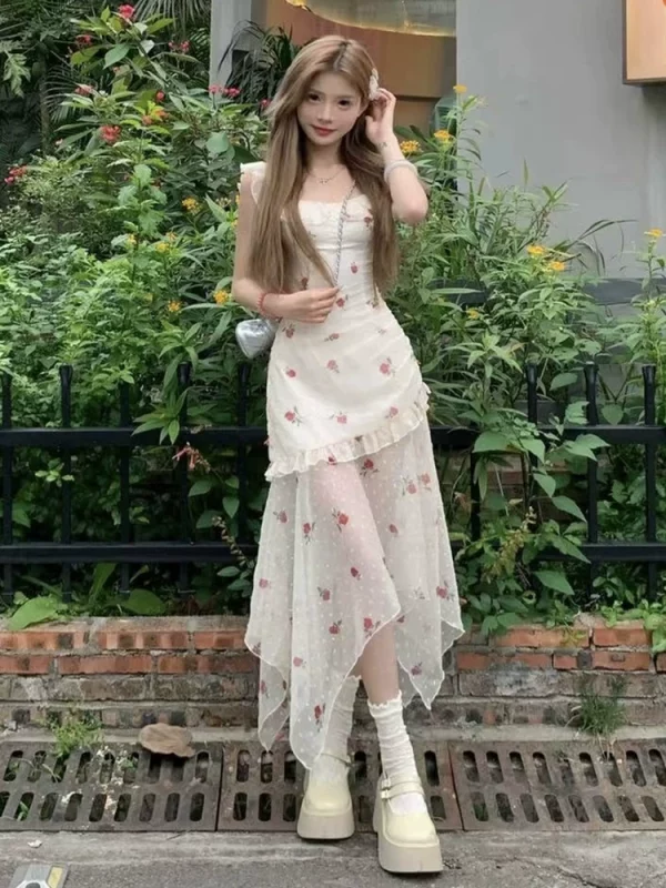 法式不规则碎花吊带连衣裙女方领超仙初恋系茶歇高级感A字长裙子