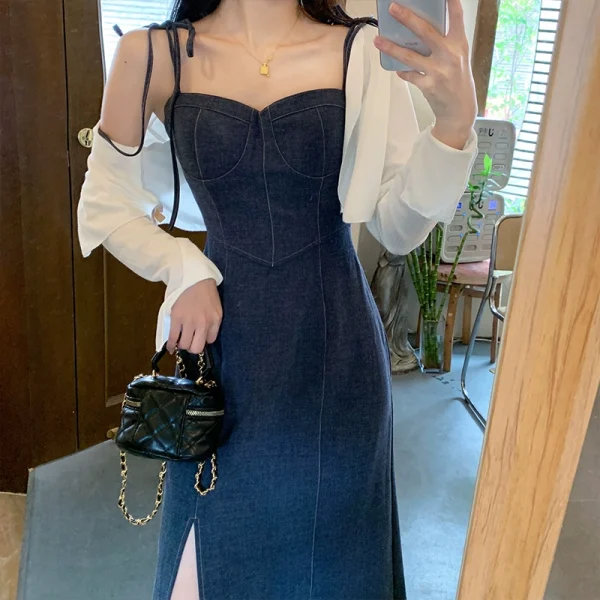 大码法式御姐轻熟风显瘦遮肚开叉吊带裙胖mm牛仔连衣裙套装女夏 - 图片 2