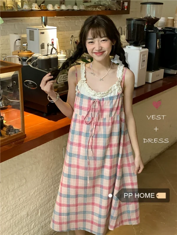 PPHOME泰甜了啦~日系清新撞色格纹吊带连衣裙+花边上衣吊带背心女