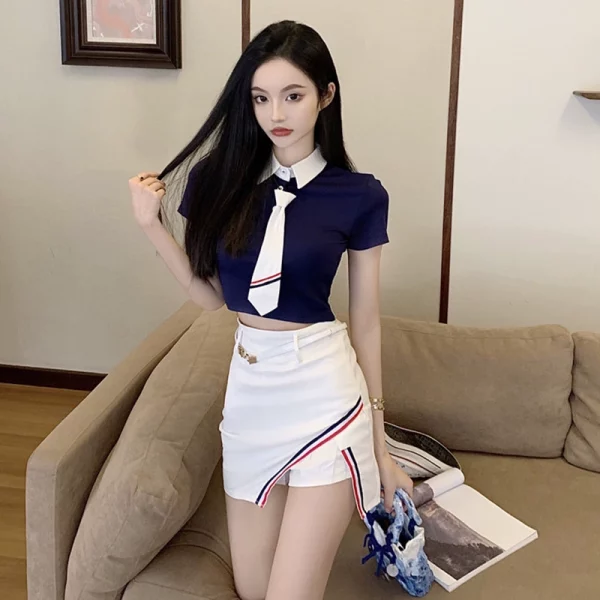 jk制服套装裙女夏足浴技师工作服学院风网红小个子短袖性感连衣裙
