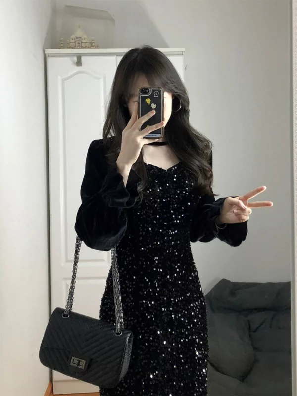 大码法式黑色亮片丝绒鱼尾连衣裙女秋冬高级感轻奢气质生日礼服裙 - 图片 3