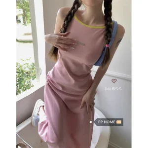 PPHOME纯欲甜柔~收腰显瘦粉色吊带露背连衣裙女内搭宽松背心长裙