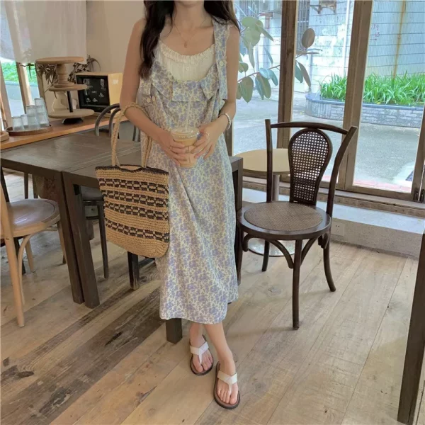 PPHOME淡雅小妹~温柔清新碎花裙夏季甜美奶油花边吊带连衣裙长裙 - 图片 5