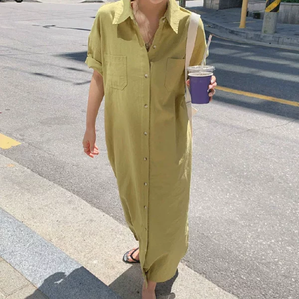 韩国chic夏季简约小众翻领单排扣口袋宽松纯色短袖衬衫式洋装女 - 图片 4