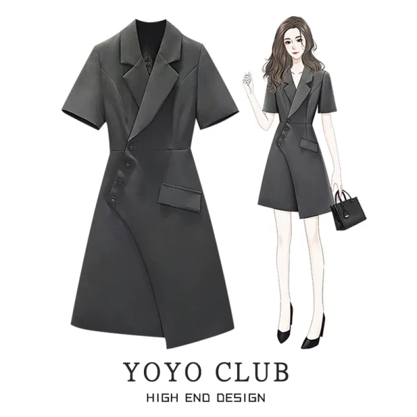 YOYO CLUB大码女装不规则气质修身连衣裙夏季梨形身材显瘦西装裙 - 图片 2