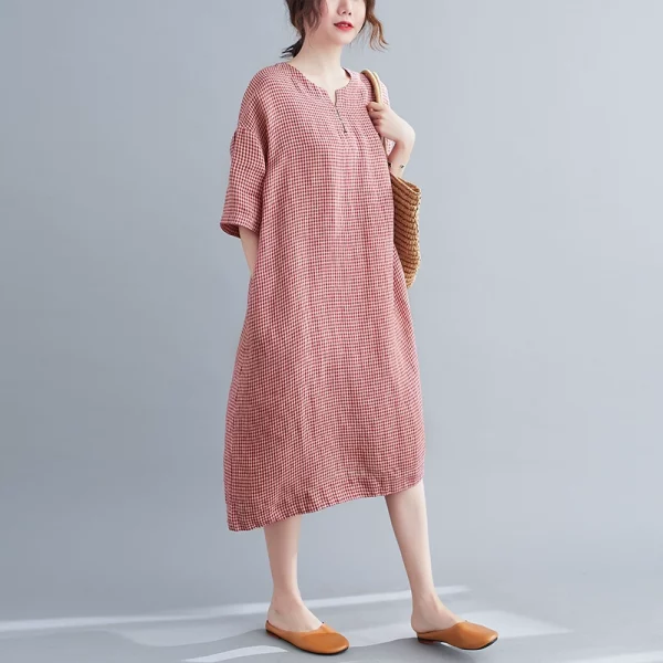 胖妹妹夏装2025新款棉麻大码女装遮肚格子短袖V领中长款A字连衣裙 - 图片 4