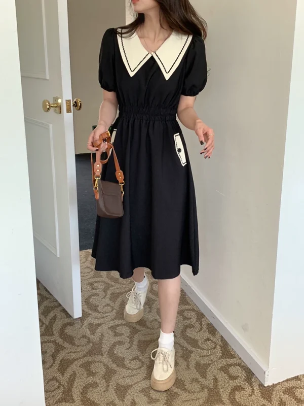 三木子自制 中长款黑色法式连衣裙女装夏季小个子泡泡袖小众裙子 - 图片 2