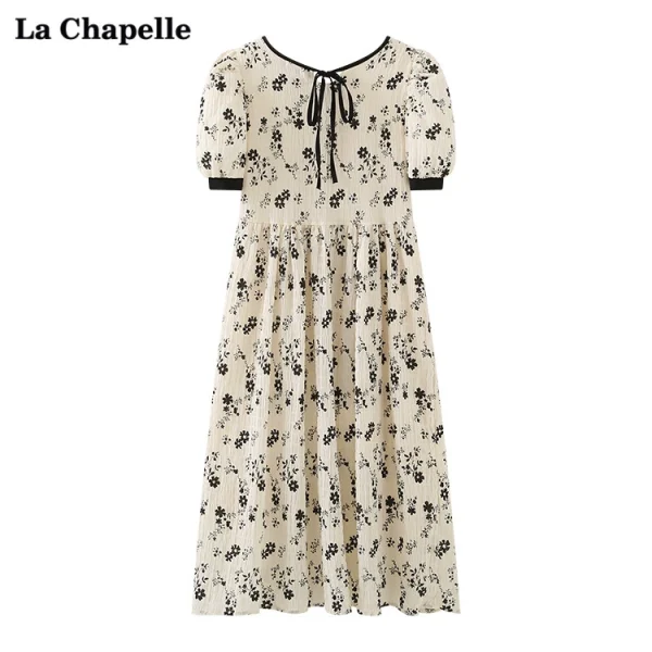 拉夏贝尔/La Chapelle夏季新款法式碎花连衣裙高腰复古短袖中长裙 - 图片 2