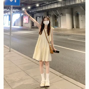 kumikumi法式无袖吊带连衣裙女装夏季海边度假显瘦A字裙中长裙子