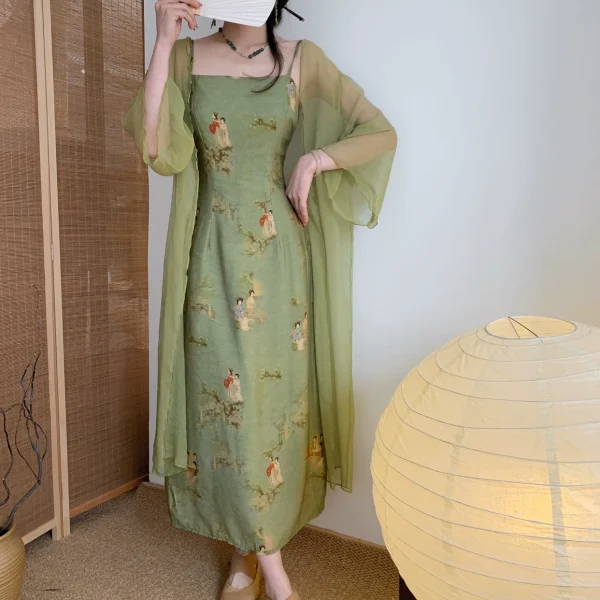 新中式国风禅意复古绿色印花吊带连衣裙蝉翼防晒开衫两件套套装 - 图片 4