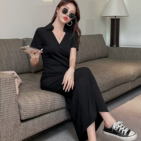 欧美风长款气质Polo领连衣裙女2023夏修身长裙收腰显瘦休闲T恤裙 - 图片 4