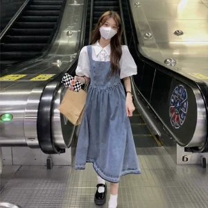 牛仔背带裙女设计感小众连衣裙夏季2022新款韩系假两件收腰长裙子