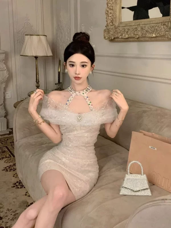 法式网纱重工party晚礼服女高级性感名媛气质亮片镶钻挂脖连衣裙 - 图片 5