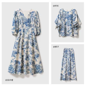 戎美  大M绉感全真丝青花瓷印花连衣裙/衬衫/阔腿裤 加厚23摩米！