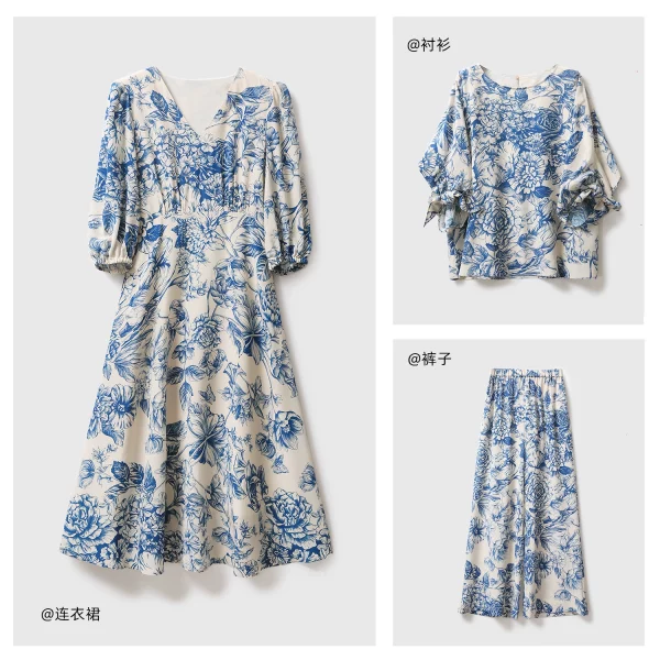 戎美  大M绉感全真丝青花瓷印花连衣裙/衬衫/阔腿裤 加厚23摩米！