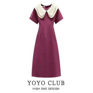YOYO CLUB大码梨形身材娃娃领法式连衣裙夏季火龙果色遮肉显瘦裙