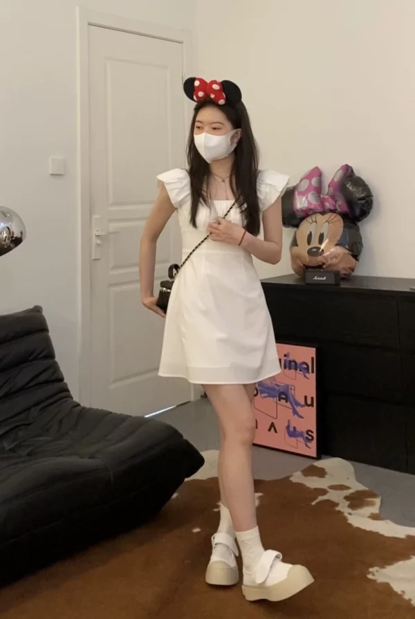 Viiwen 悸动初恋 清冷感方领法式气质长款显瘦飞飞袖优雅白连衣裙 - 图片 5