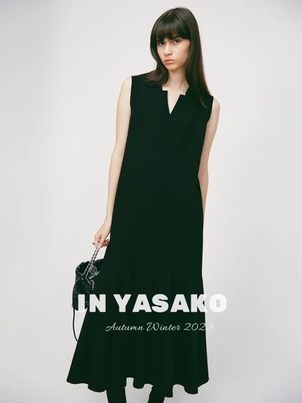 YASAKO/看了又看 摩登韵律 鱼尾下摆立体polo领佰搭无袖连衣裙 - 图片 4