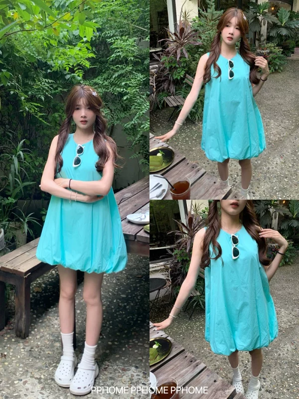 PPHOME自制~甜妹出游记 花苞裙夏季可爱圆领背心裙蓬蓬背心连衣裙 - 图片 5
