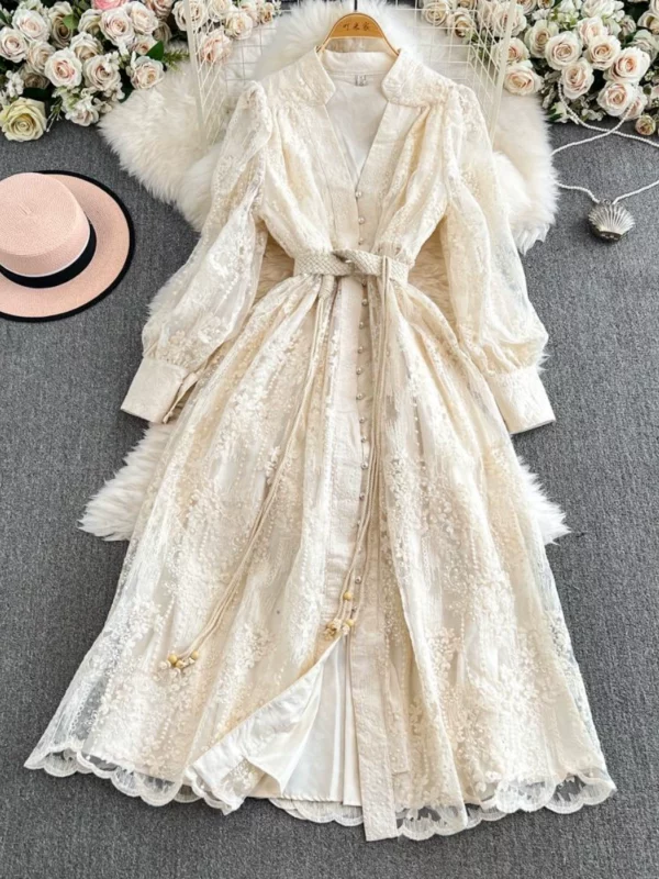 法式复古宫廷风礼服重工刺绣收腰显瘦长款蕾丝裙女高端精致连衣裙 - 图片 2