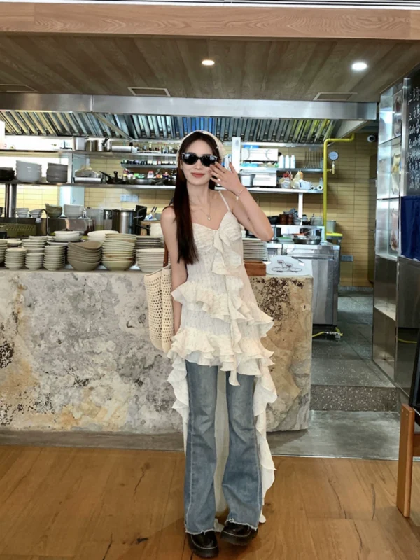 小清新碎花吊带连衣裙女夏季2024新款超仙温柔风不规则叠穿长裙子 - 图片 3