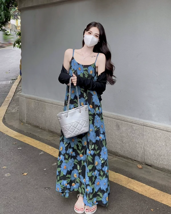 大码女装吊带连衣裙女夏季碎花海边沙滩裙胖mm遮肚显瘦裙子长裙 - 图片 4