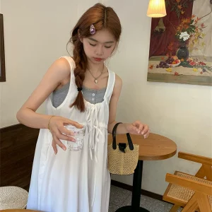 kumikumi慵懒风吊带连衣裙女夏季甜美气质减龄白色裙子宽松中长裙