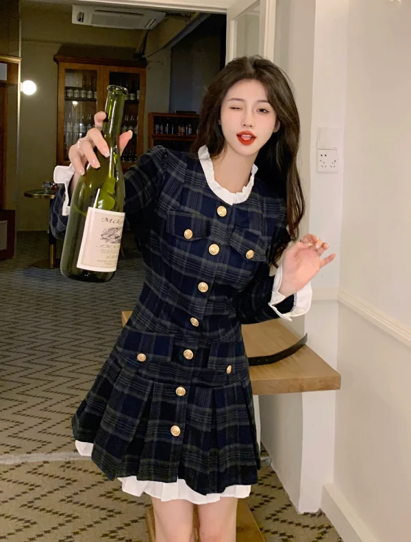 大码法式小香风长袖连衣裙女早秋新款胖mm收腰显瘦A字小个子短裙 - 图片 3
