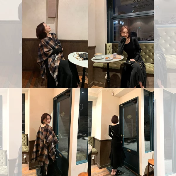 French Style 秒塑S腰 量感鱼尾连衣裙/羊毛小稥编织拉毛格纹斗篷 - 图片 2