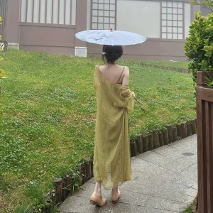 新中式国风禅意复古绿色印花吊带连衣裙蝉翼防晒开衫两件套套装