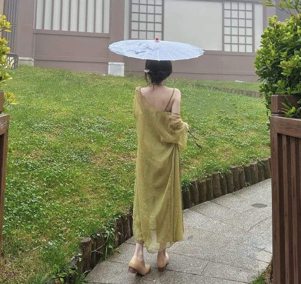 新中式国风禅意复古绿色印花吊带连衣裙蝉翼防晒开衫两件套套装