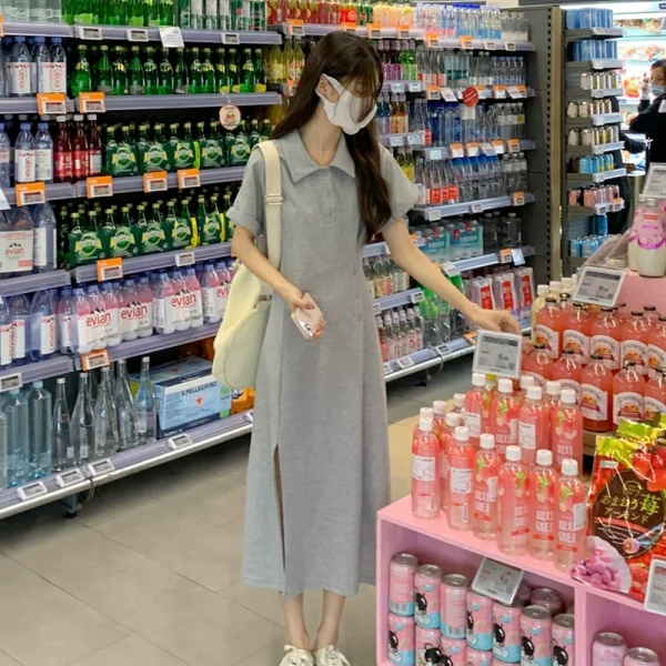 polo领开叉连衣裙女夏季2023新款收腰显瘦中长款冷淡风短袖A字裙 - 图片 3