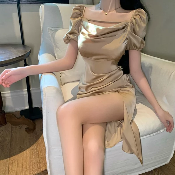 法式名媛高级感惊艳别致独特裙子收腰气质性感开叉泡泡袖连衣裙夏 - 图片 3