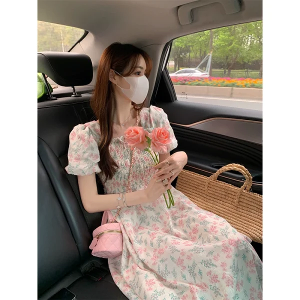 碎花方领连衣裙女夏季2023新款甜美收腰显瘦中长款超仙初恋系裙子 - 图片 3
