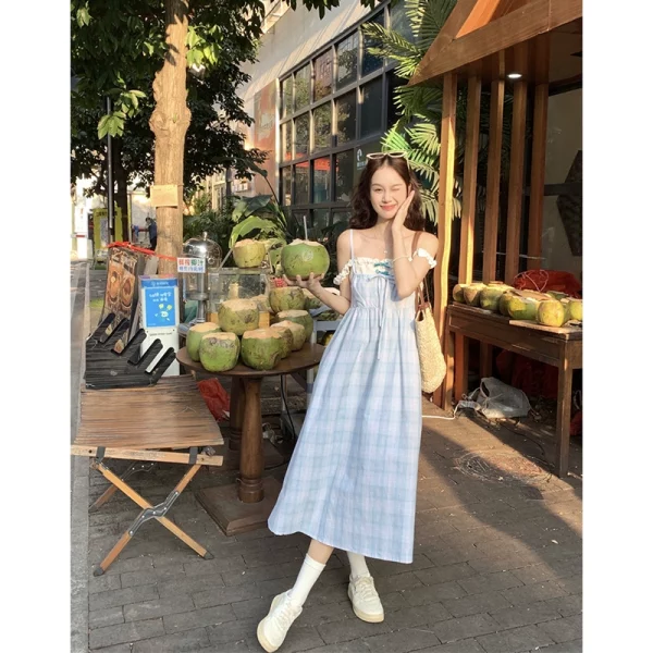 十年老店 连衣裙度假风抹胸吊带女夏季2023新款假两件中长款高腰显瘦A字裙 - 图片 4