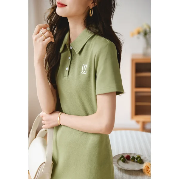 沫晗依美兔子刺绣POLO领裙子2023夏新款韩版休闲百搭显瘦连衣裙女 - 图片 2