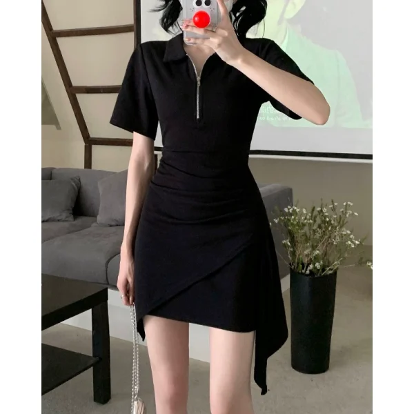 甜辣妹风polo领连衣裙女夏季2023新款不规则设计感短裙子韩系风格 - 图片 3