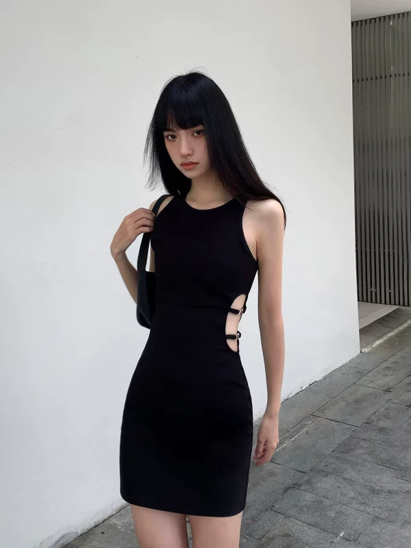 NEVA HU黑色针织连衣裙女设计感夏季新款气质修身无袖背心包臀裙