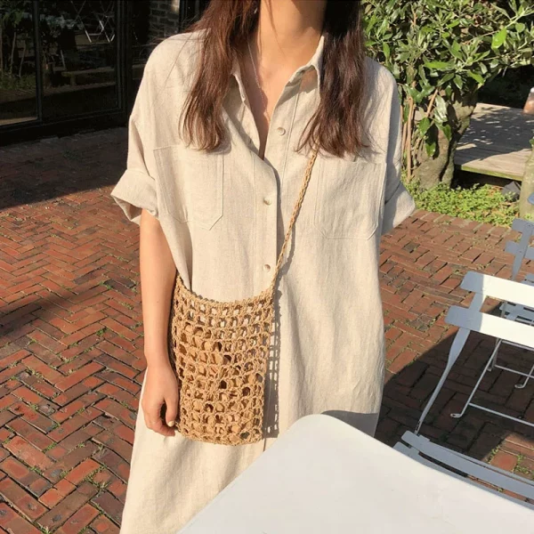 韩国chic夏季简约小众翻领单排扣口袋宽松纯色短袖衬衫式洋装女 - 图片 2