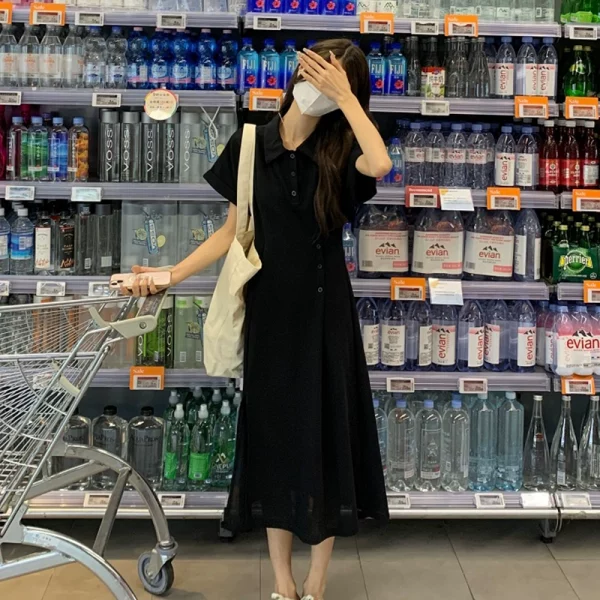 polo领开叉连衣裙女夏季2023新款收腰显瘦中长款冷淡风短袖A字裙 - 图片 4