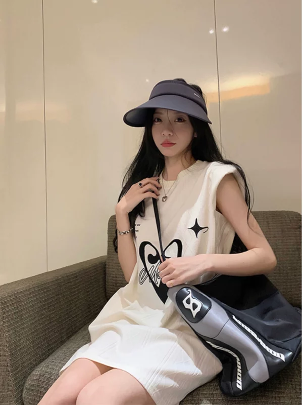 复古针织背心连衣裙女装夏季2023新款字母印花小个子宽松休闲裙子 - 图片 2