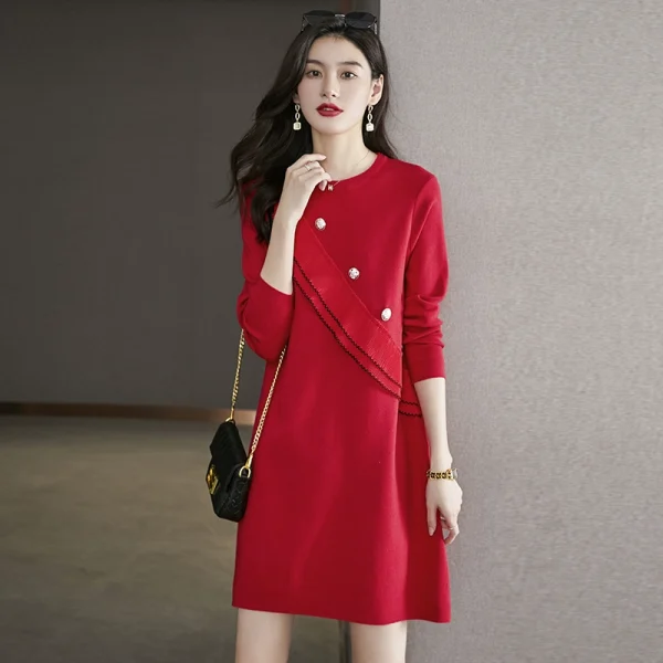 配大衣针织连衣裙秋冬2022新款女士打底中长款毛衣裙子小个子春秋 - 图片 3